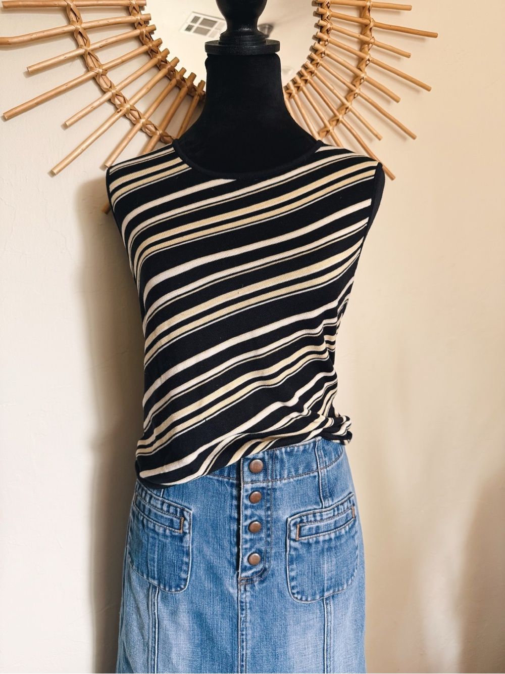Striped Sleeveless Knit Top - Black and Cream